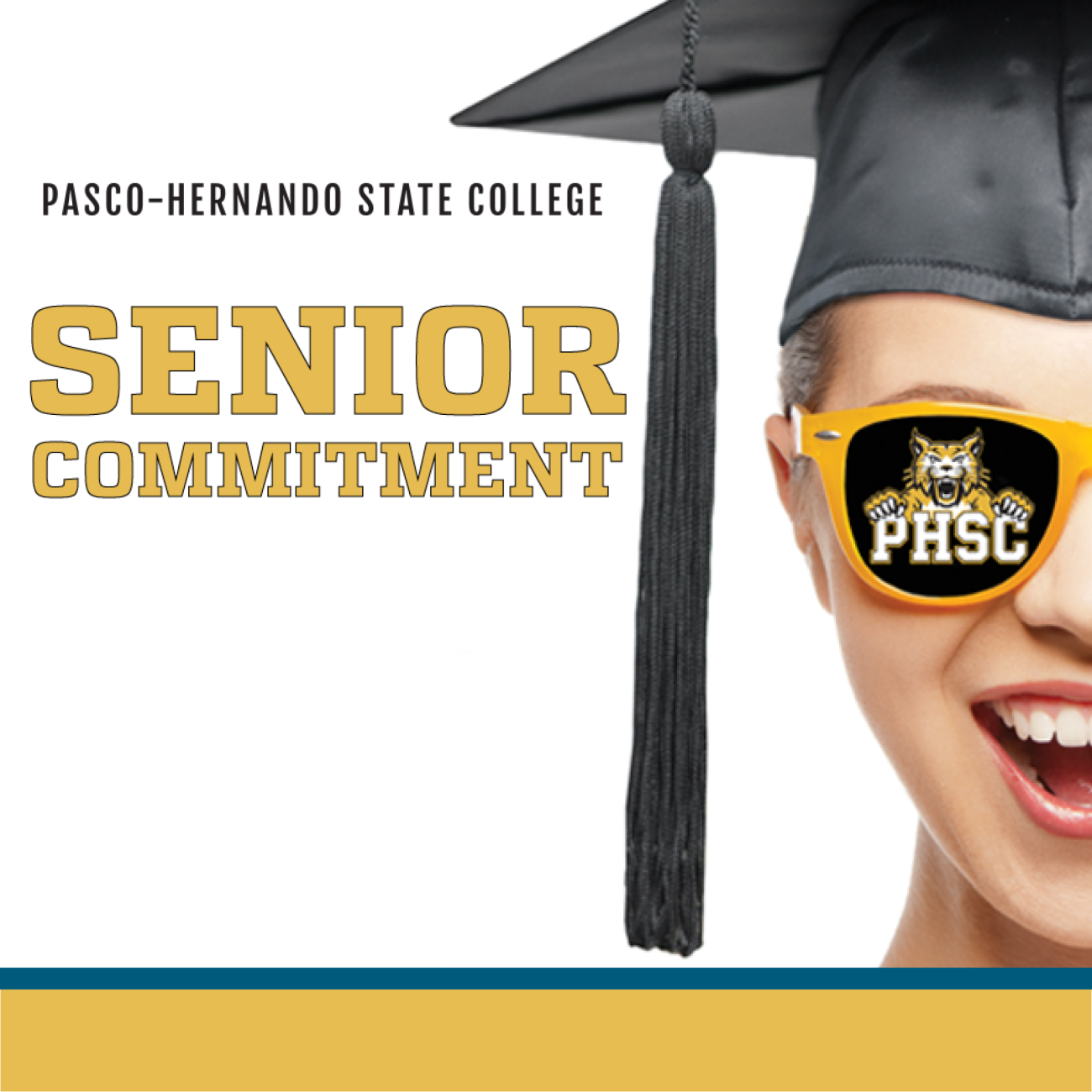 A student with a branded PHSC sunglasses with a graduation cap with the following text: Pasco-Hernando State College Senior Commitment.