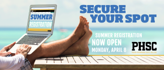 A man with a laptop on his lap with his feet on a table with the text: Secure your spot. Summer registration now opens Monday, April 8.