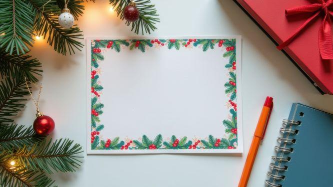 Blank holiday card with a festive pine and berry border, surrounded by Christmas decorations