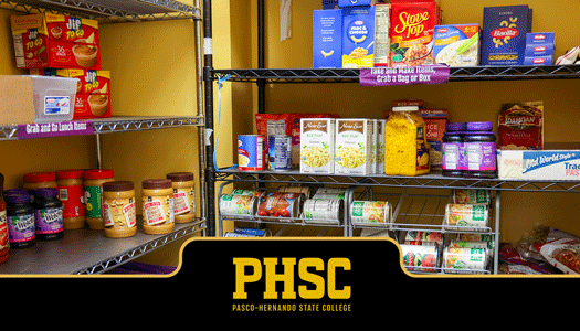 PHSC Pasco-Hernando State College food pantry with various canned and boxed foods on metal racks