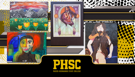 Collage of student art in different mediums; a mountain landscape, two self portraits, and two fae embracing. 