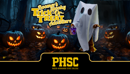 PHSC's mascot, Boomer the Bobcat, wearing a ghost costume. Text states "Boomer's Spooky Trick or Treat Adventure"