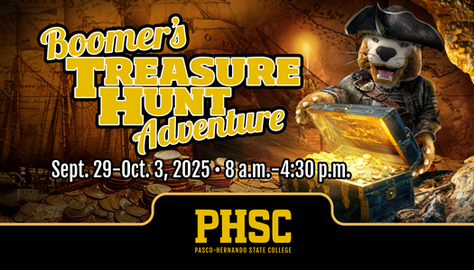 Boomer the Bobcat wearing a pirate costume holding a treasure chest with the text: "Boomer's Treasure Hunt Adventure, Sept. 29-Oct. 3, 2025, from 8 a.m. to 4:30 p.m."