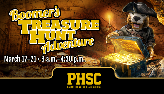 Boomer the Bobcat wearing a pirate costume holding a treasure chest with the text: "Boomer's Treasure Hunt Adventure, March 17-21 from 8 a.m. to 4:30 p.m."