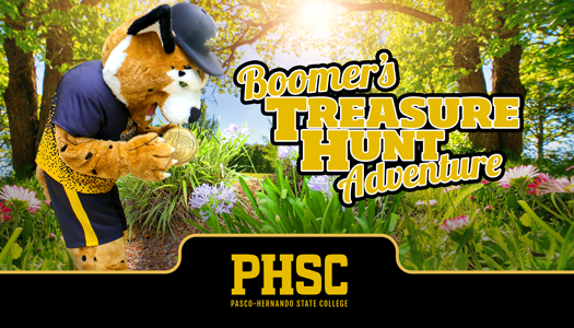 PHSC's mascot Boomer the Bobcat holding a gold coin. Text states "Boomer's Treasure Hunt Adventure."