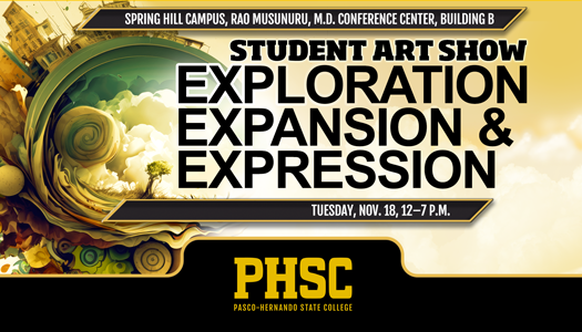 Text stating: "Student Art Show: Exploration, Expansion and Expression. Tuesday, Nov. 18, 12-7 p.m."