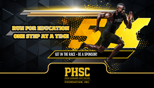 Man running with text: 5K, Run for Education, One Step at a Time. Get in the race, be a sponsor.