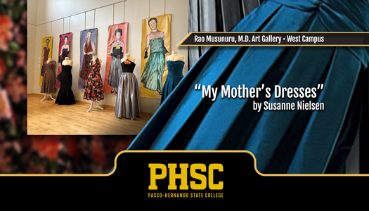Photo of dresses with text: Rao Musunuru, M.D. Art Gallery, West Campus. "My Mother's Dresses" by Susanne Nielsen