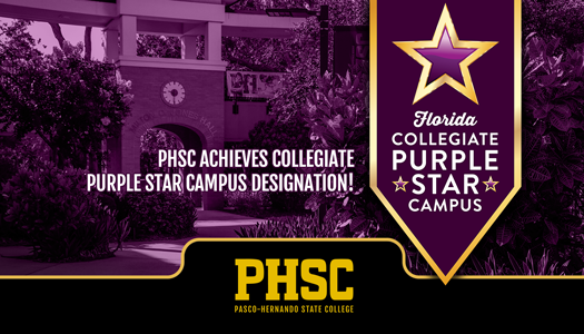 Purple overlayed onto PHSC campus and the Florida Collegiate Purple Star Campus banner, with text: PHSC Achieves Collegiate Purple Star Campus Designation!
