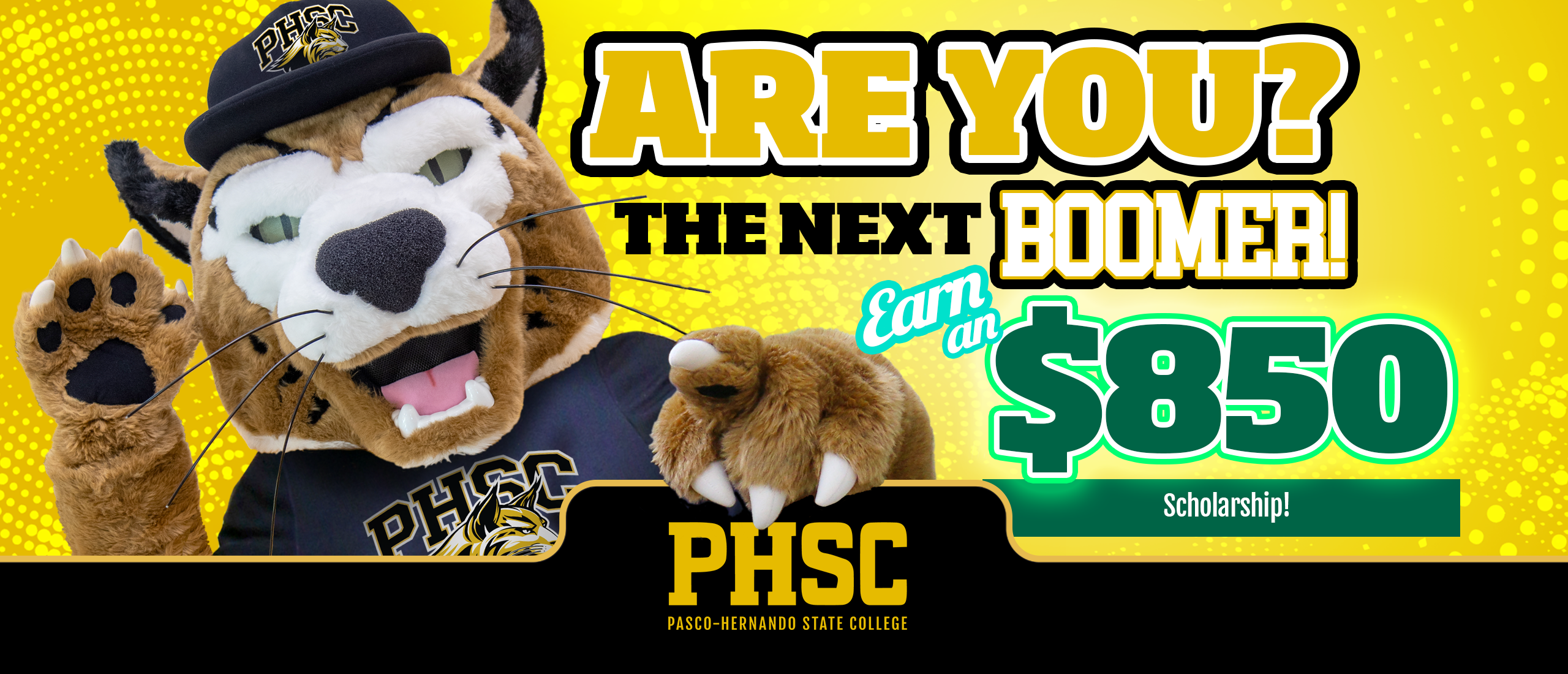 PHSC's Boomer the Bobcat pointing his finger with text stating "Are you the next Boomer! Earn an $850 scholarship"