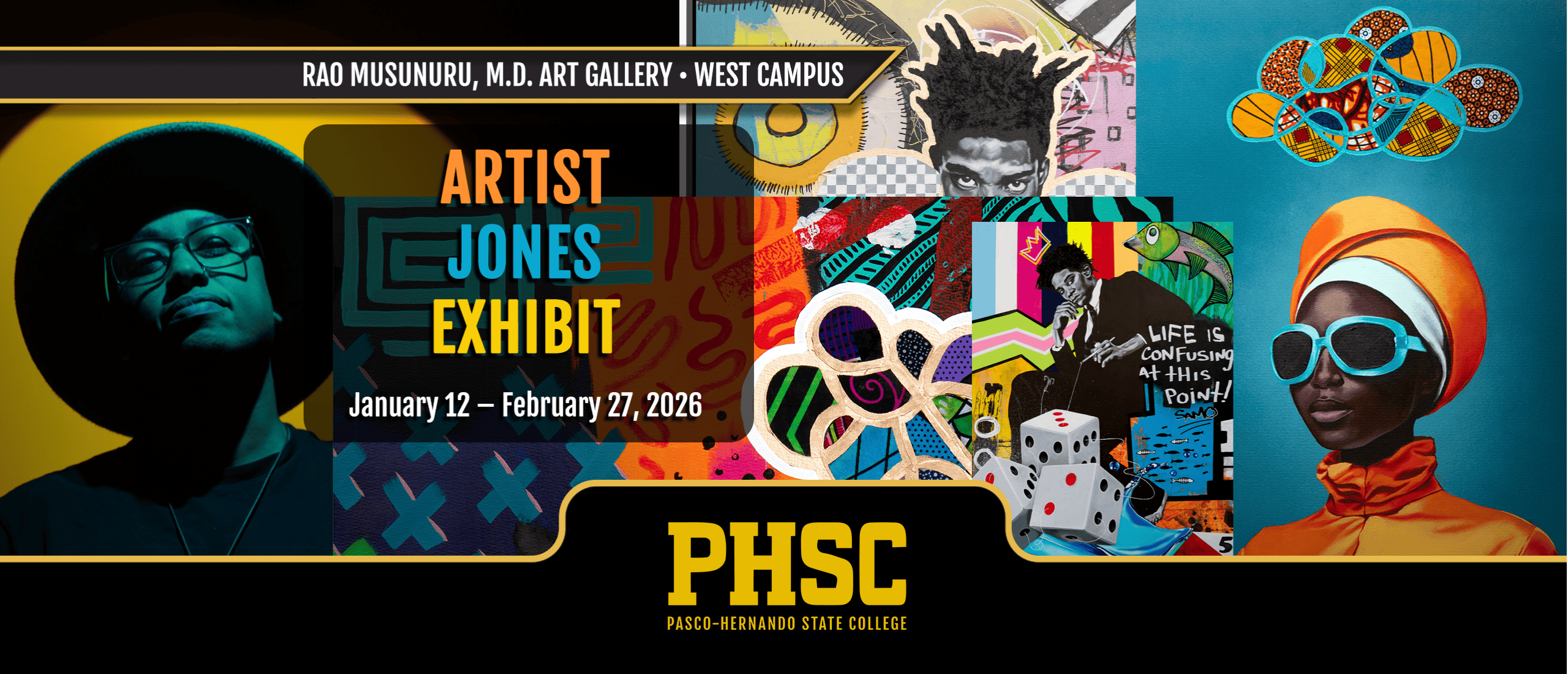 Picture of different canvas art with text: Rao Musunuru, M.D. Art Gallery, West Campus. Artist Jones Exhibit. January 12 - February 27, 2026