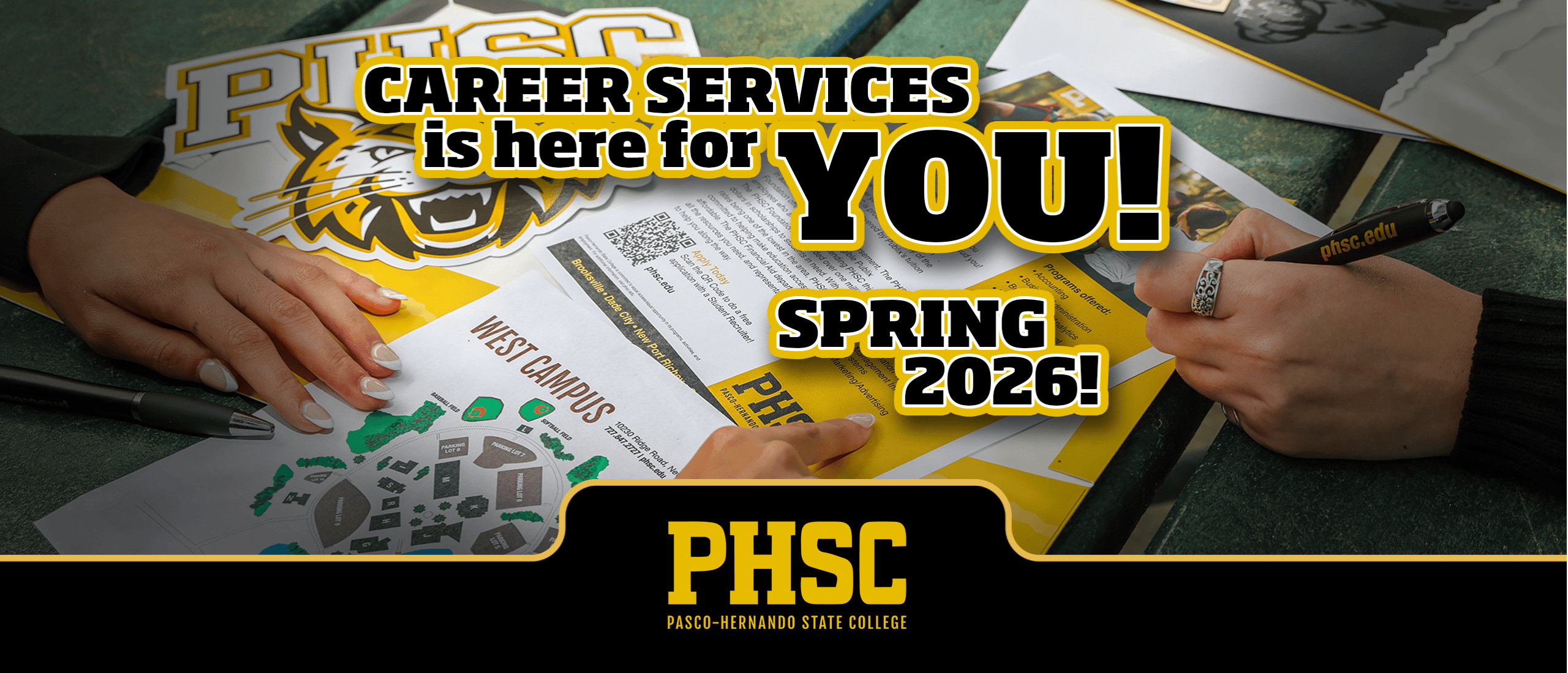 Picture overlooking campus information with text: Career Services is here for YOU! Spring 2026!