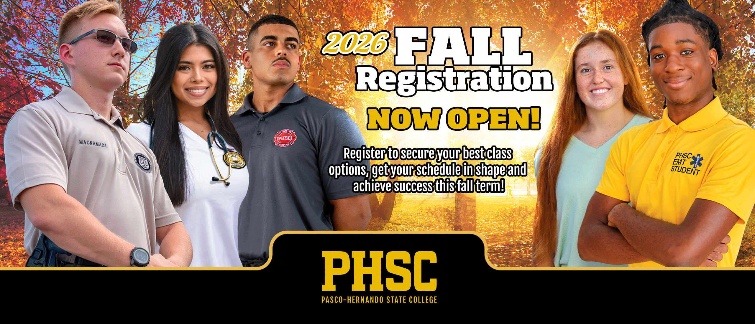 Five PHSC students in various workforce careers with text stating "2026 Fall Registration, Now Open."