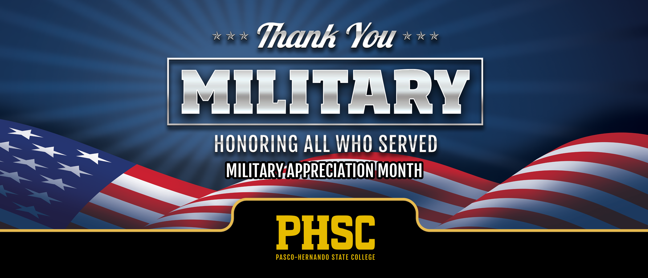 The U.S. flag with text stating "Thank You Military. Honoring all who served. Military Appreciation Month."