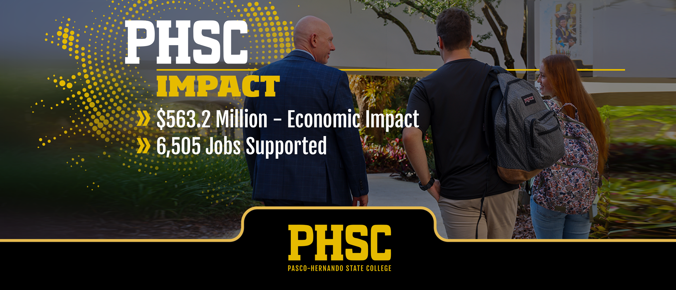 Students walking with PHSC President with text: PHSC Impact. $563.2 Million in Economic Impact. 6,505 Jobs Supported. 