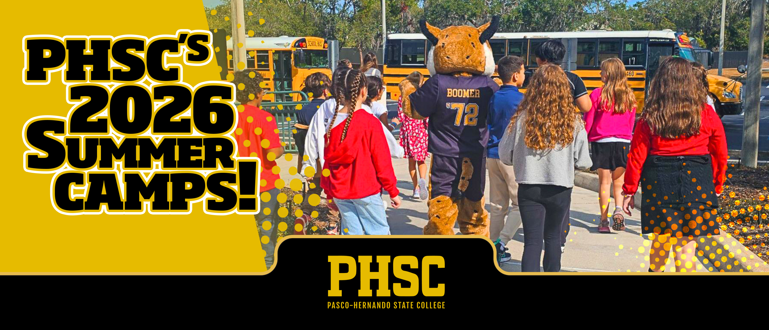 Students walking with boomer towards a school bus, with text: PHSC's 2026 Summer Camps!