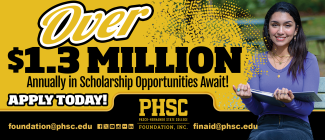 Student sitting with a book, with text: Over $1.3 Million Annually in Scholarship Opportunities Await! Apply Today! Foundation@phsc.edu. finaid@phsc.edu.