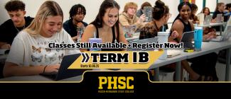 A group of students with text stating: Classes still available, register now! Term IB starts 10/9/25.