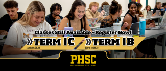 A group of students with text stating: Classes still available, register now! Term IC starts 9/8/25 and Term IB starts 10/9/25.