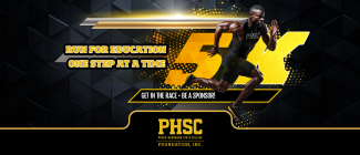 Man running with text: 5K. Run for Education. One Step at a Time. Get in the race. Be a Sponsor!