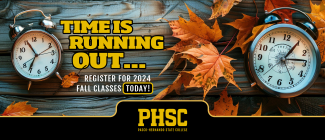 Clock with fall leaves with text: Time is Running Out...Register for 2024 Fall Classes Today