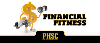 Personified dollar symbol lifting weights with text: Financial Fitness