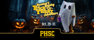 Boomer mascot dressed as a ghost with text: Boomer's Spooky Trick or Treat Adventure, October 28 - 30