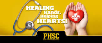 Hands holding heart stress ball and a stethoscope with text: Healing hands, helping hearts!