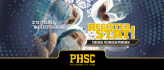 Doctors looking down at viewer with text: Start a career that's life-changing. Register STAT! Surgical Technician Program