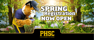 PHSC Mascot, Boomer, smelling flowers with the text: Spring Registration Now Open