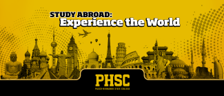 Different world landmarks with text stating "Study Abroad: Experience the World"