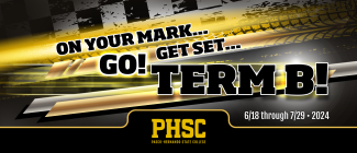 Text stating "On your mark, get set, go! Term B! June 18 through July 29, 2024.