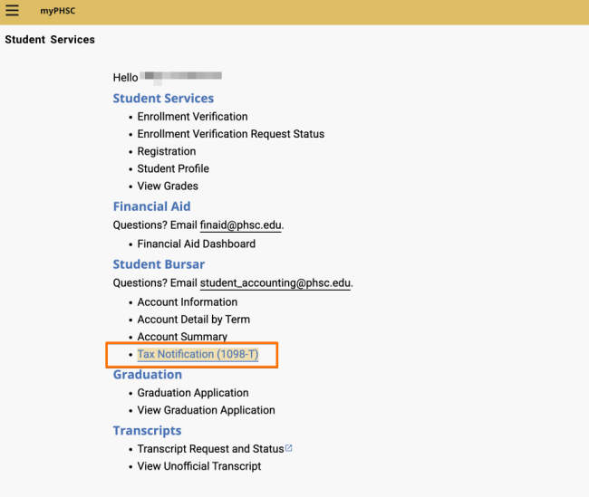 Tax notification screen on the Bobcat Student Portal